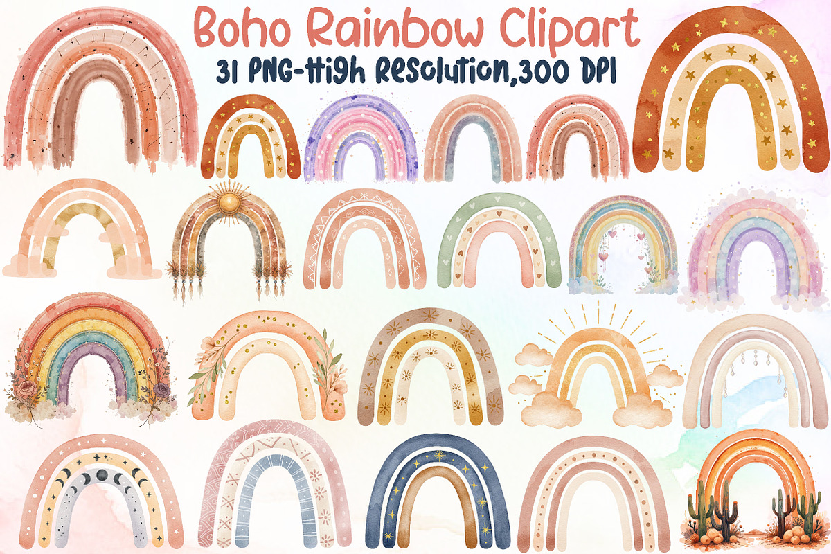 Watercolor Boho Rainbow Clipart Bund, an Illustration by Sublimation Artist (Photo 1 of 6)