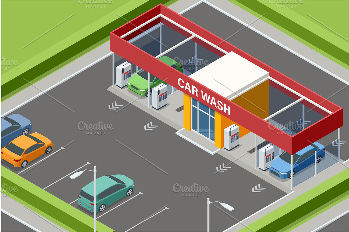 Isometric hand car wash station, a Transportation Illustration by Golden Sikorka
