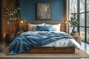 Modern bedroom interior featuring a, a Photo by Tanuart