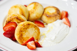 Cottage cheese pancakes sweet breakfast strawberry, a Food & Drink Photo by Photo Drive Studio