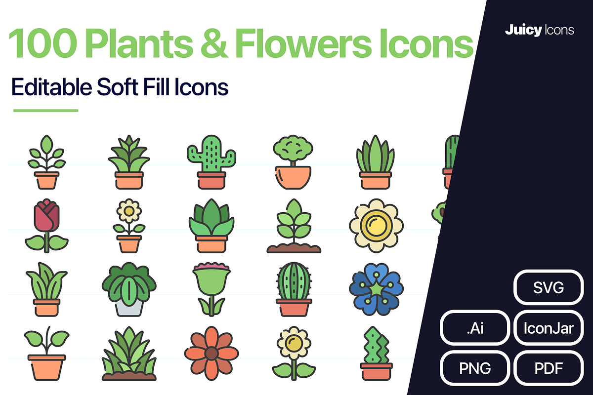 100 Plants & Flowers Soft Fill Icons, an Outline Icon by Juicy Icons (Photo 1 of 6)