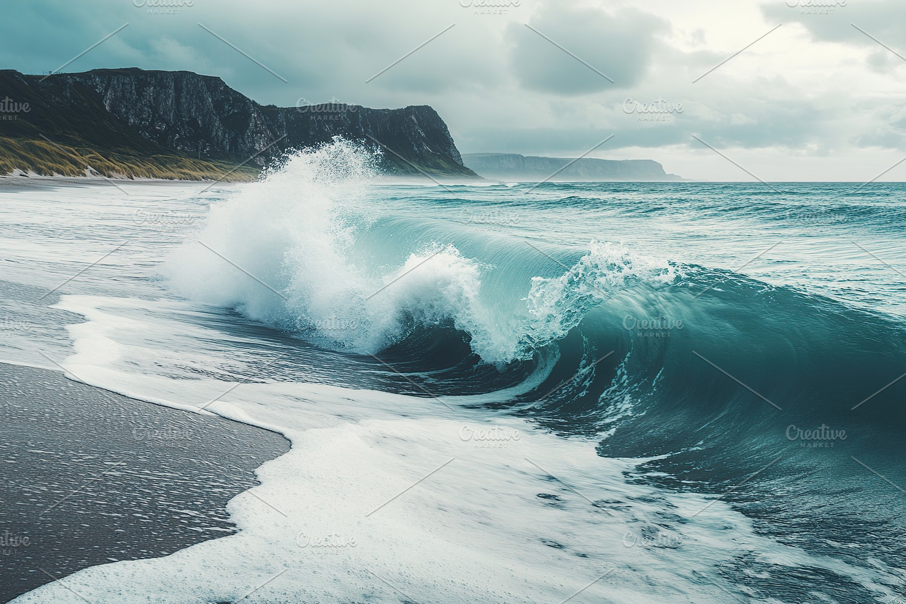 Waves crashing on a rugged coastline in overcast weather at dusk, a Nature Photo by AlyaAnd