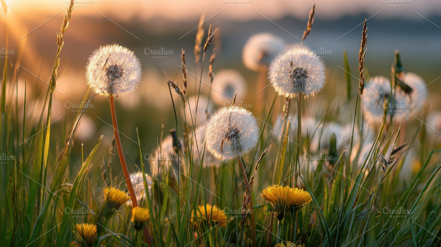 Dandelions at Sunset Golden Hour Mea, a Photo by Pixeness Studio