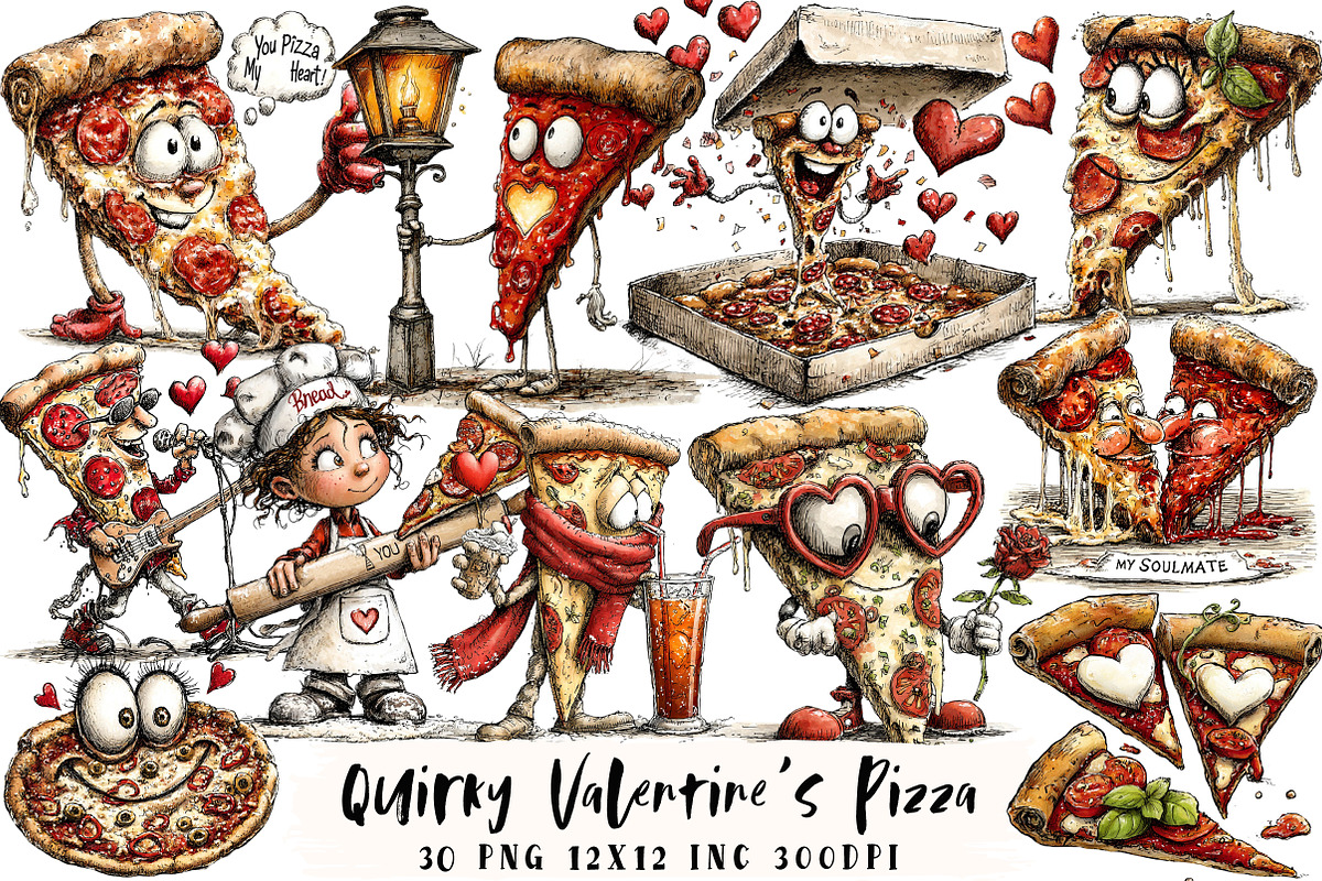Quirky Valentine's Pizza Clipart, an Illustration by OK Design (Photo 1 of 6)