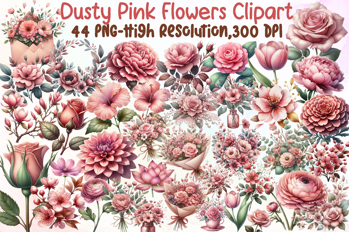 Dusty Pink Flowers Clipart Watercolo, an Illustration by Sublimation Artist (Photo 1 of 6)