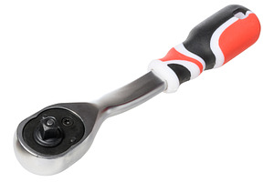 A shiny chrome plated ratchet wrench with a red, black, and whit, an Industrial Photo by ndanko