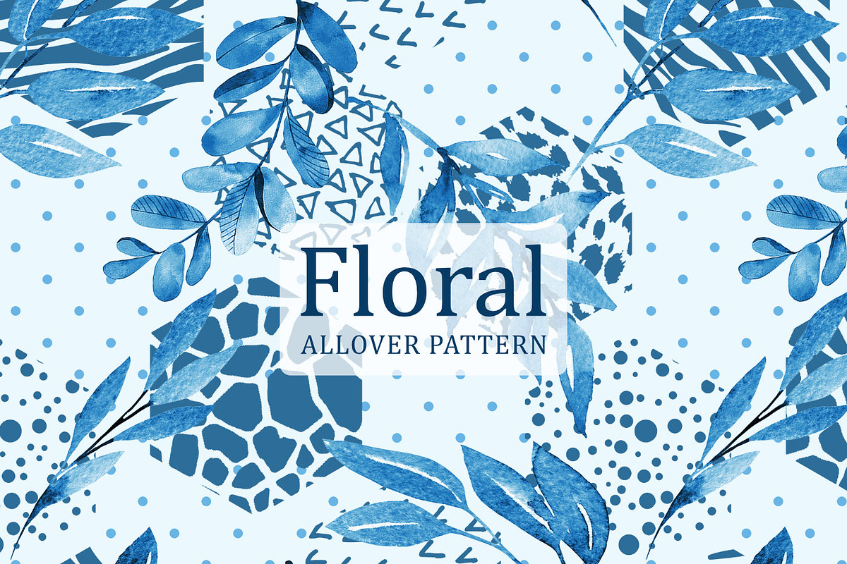 Blue Watercolor Floral Geo Pattern, a Pattern Graphic by Gullenda (Photo 1 of 6)