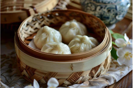Steamed soup dumplings resting in a, a Food & Drink Photo by Ylivdesign
