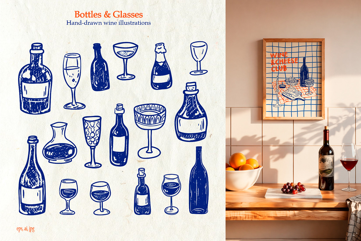 Whimsical Wine Doodle Pack, a Food Illustration by SunnJaneArt (Photo 3 of 16)