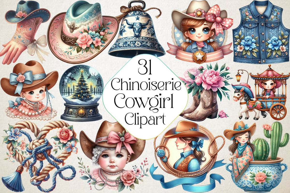 Cute Chinoiserie Cowgirl Sublimation, an Illustration by DreamPrint404 (Photo 1 of 7)