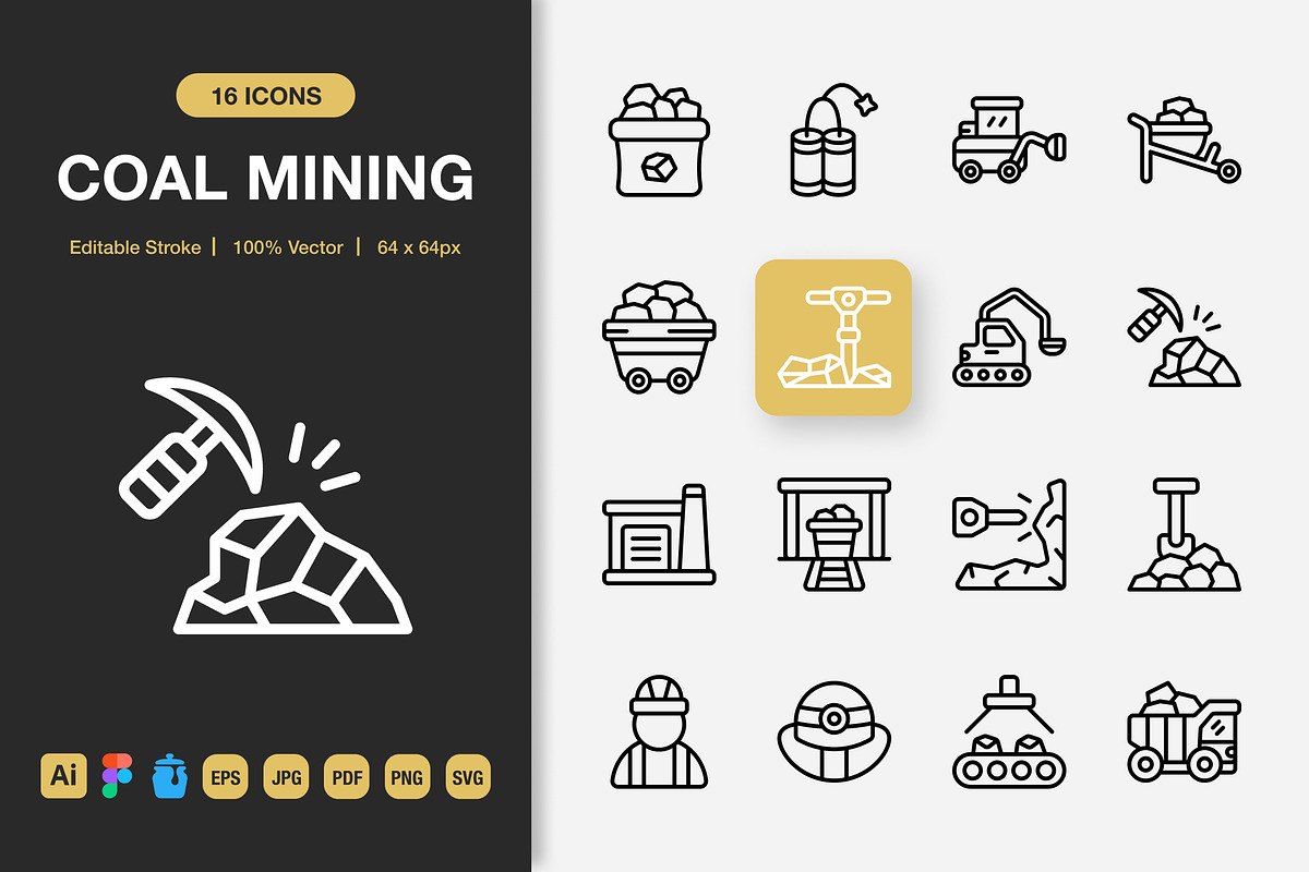 Coal Mining Outline Icons, an Icon by Spacepixel Creative