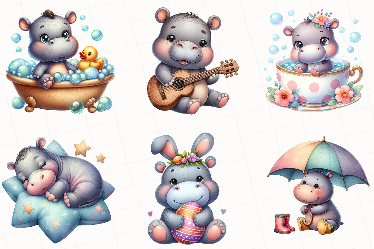 Watercolor Cute Hippo Clipart, an Illustration by OK Design (Photo 3 of 5)
