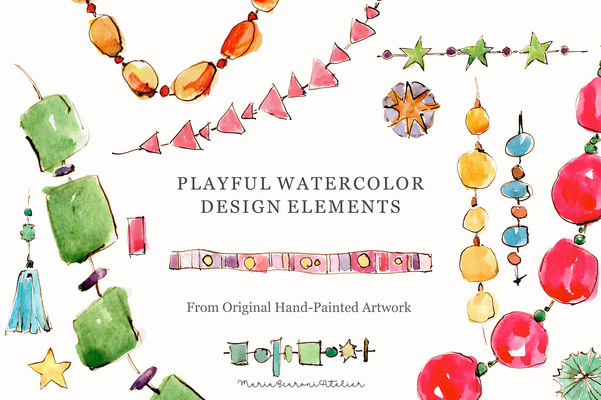 Playful Watercolor Design Elements, an Object Illustration by MariaScaroniAtelier (Photo 1 of 10)