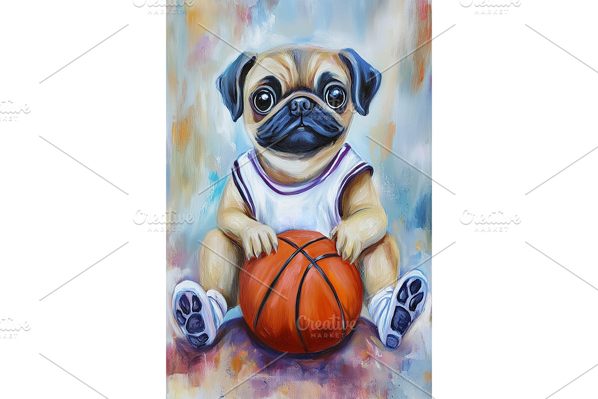 Pug Puppy Basketball Art Room Décor, an Animal Illustration by Art Paradise Studios
