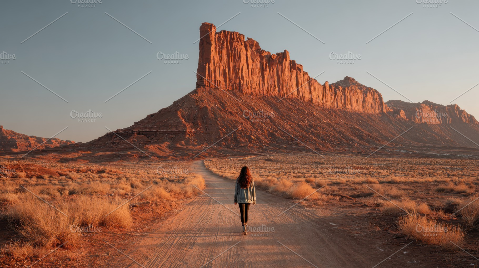 Woman walking desert road majestic s, a Photo by Pixeness Studio
