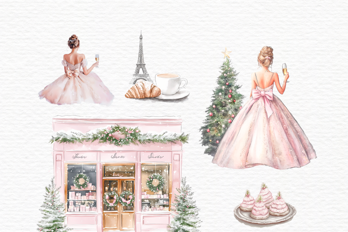 Watercolor pink girl winter Paris, a Person Illustration by Invite to Clipart (Photo 9 of 12)