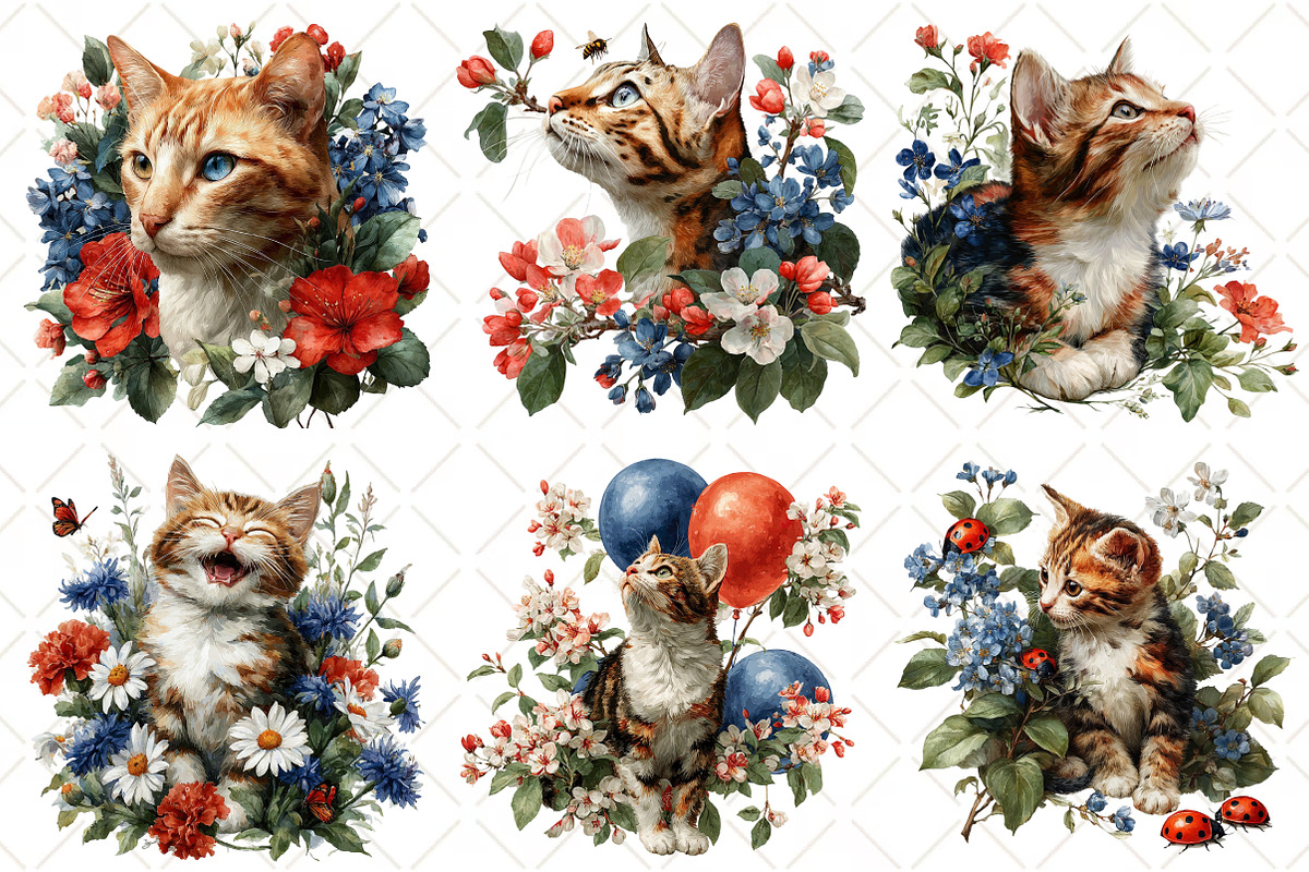 Whimsical Spring Cat Clipart, an Illustration by Black Bird Studio (Photo 3 of 5)