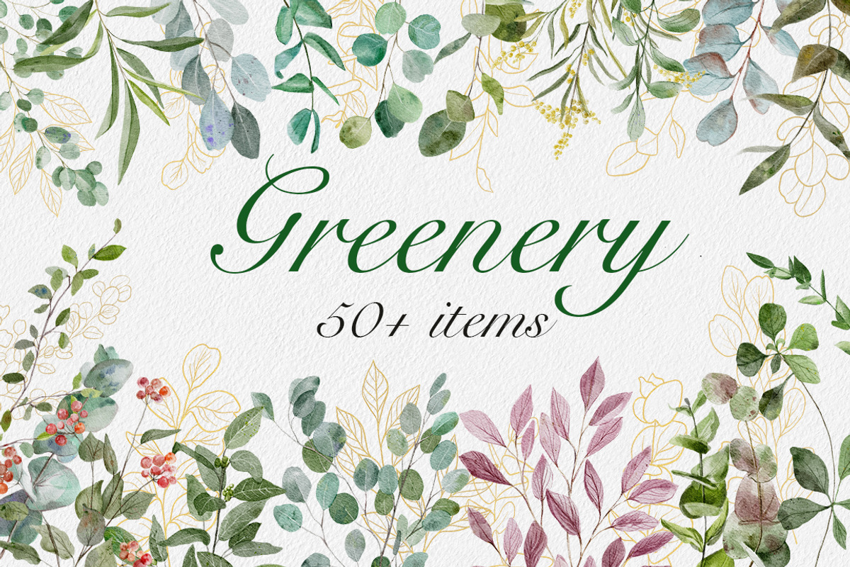 Greenery set, watercolor, gold line, a Decorative Illustration by mArtstore (Photo 1 of 10)