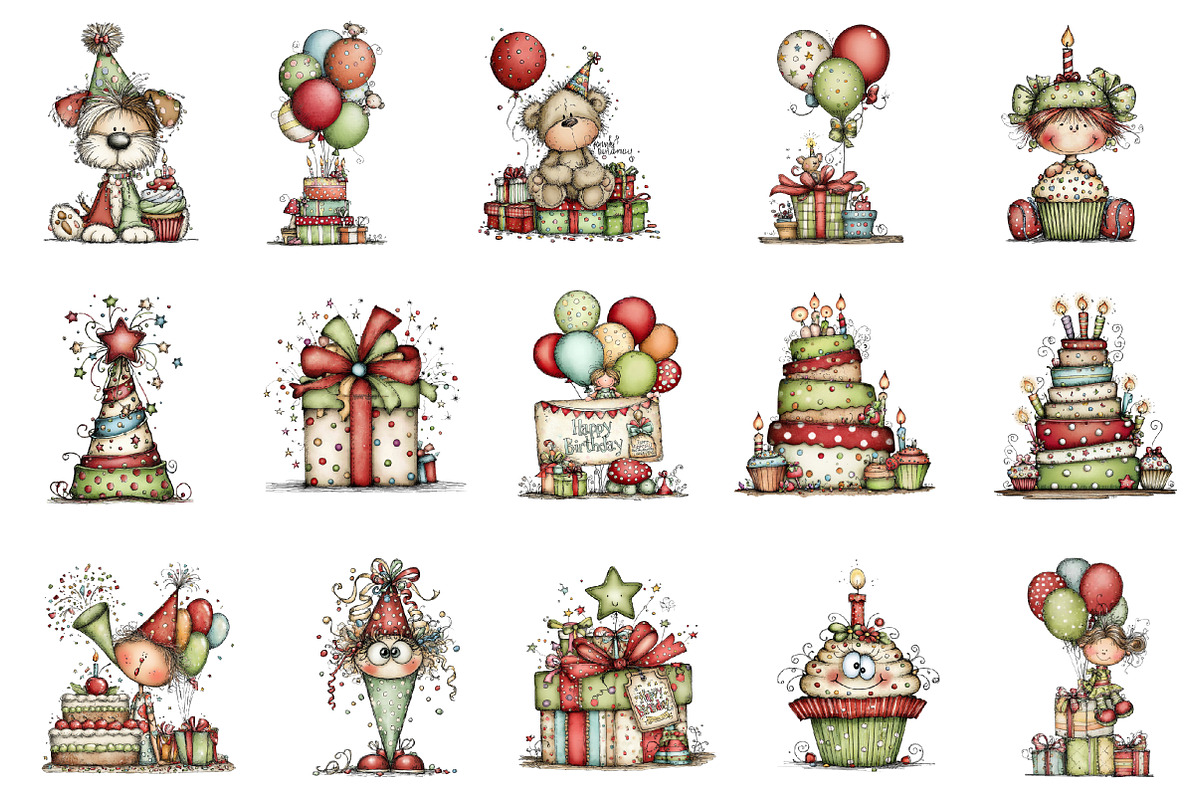 Whimsical Birthday Clipart Birthday, an Illustration by designcity5 (Photo 3 of 5)