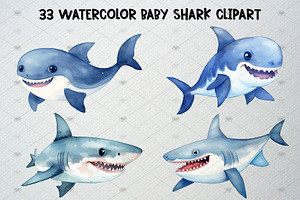 Watercolor Baby Shark Clipart Set