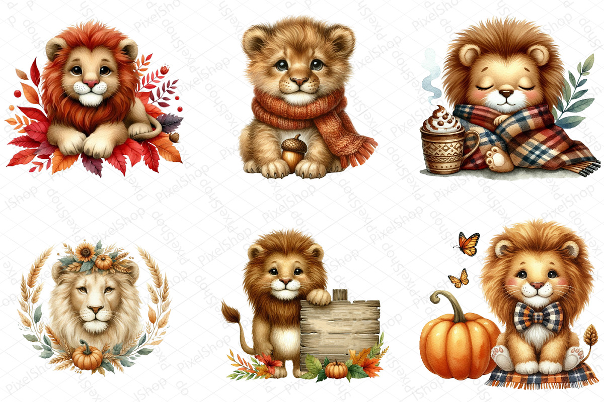 Watercolor Autumn Lion Clipart, an Illustration by DreamPrint404 (Photo 4 of 6)