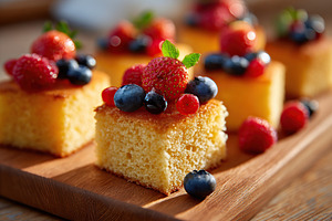 Delicious moist sponge cake pieces topped with fresh berries and mint leaves in, a Food & Drink Photo by AlyaAnd