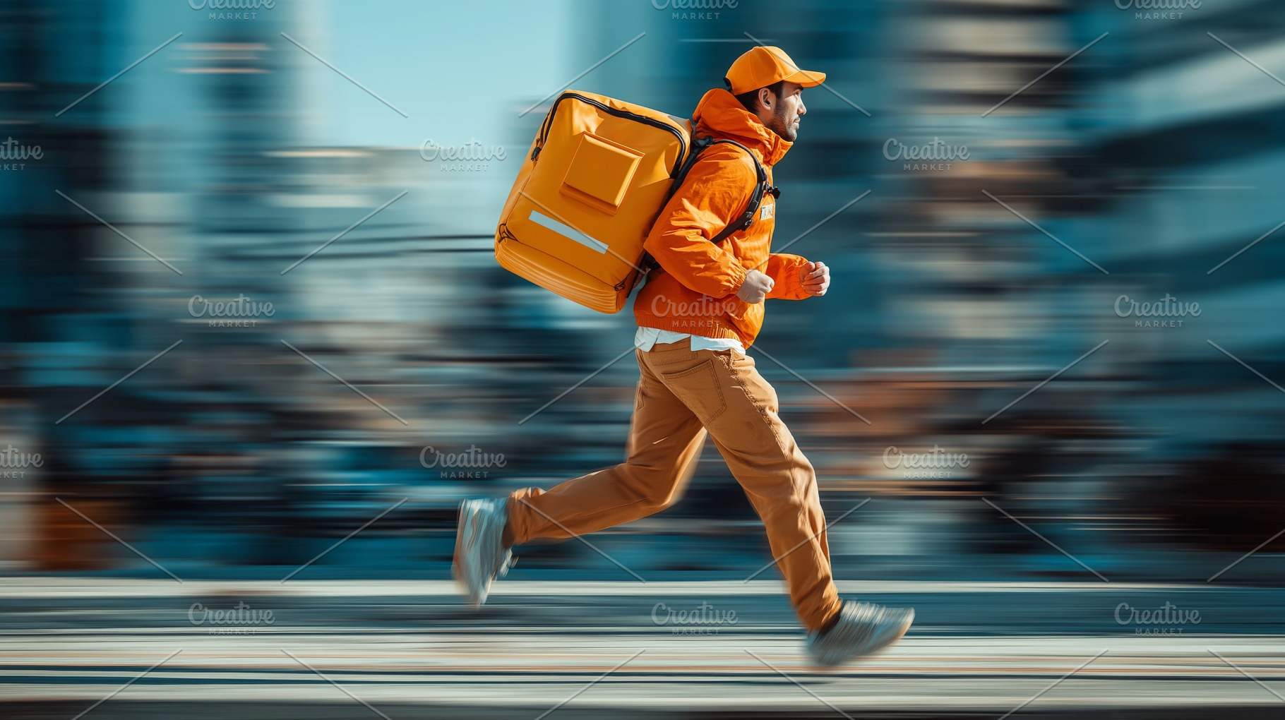 Fast Delivery Urban Courier in Motion with Orange Backpack and Cap in Cityscape, a Person Photo by Ocean Digital Art