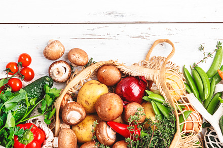 Healthy food set: mushrooms, beans, tomatoes, avocados, and herb, a Food & Drink Photo by 5PH