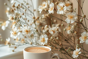 Coffee cup by window with delicate white flowers soft natural li, a Holiday Photo by José Manuel Gelpi