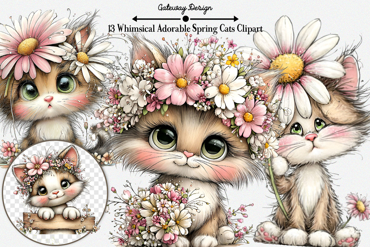 Whimsical Adorable Spring Cats Clipa, an Illustration by GatewayDesign (Photo 1 of 5)