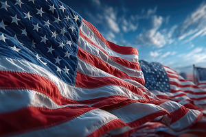 American flags waving in blue sky for Fourth of July, a Background Photo by José Manuel Gelpi