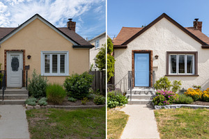Renovated small house with fresh paint and vibrant landscaping, showcasing a mo, a Person Photo by ImageMir