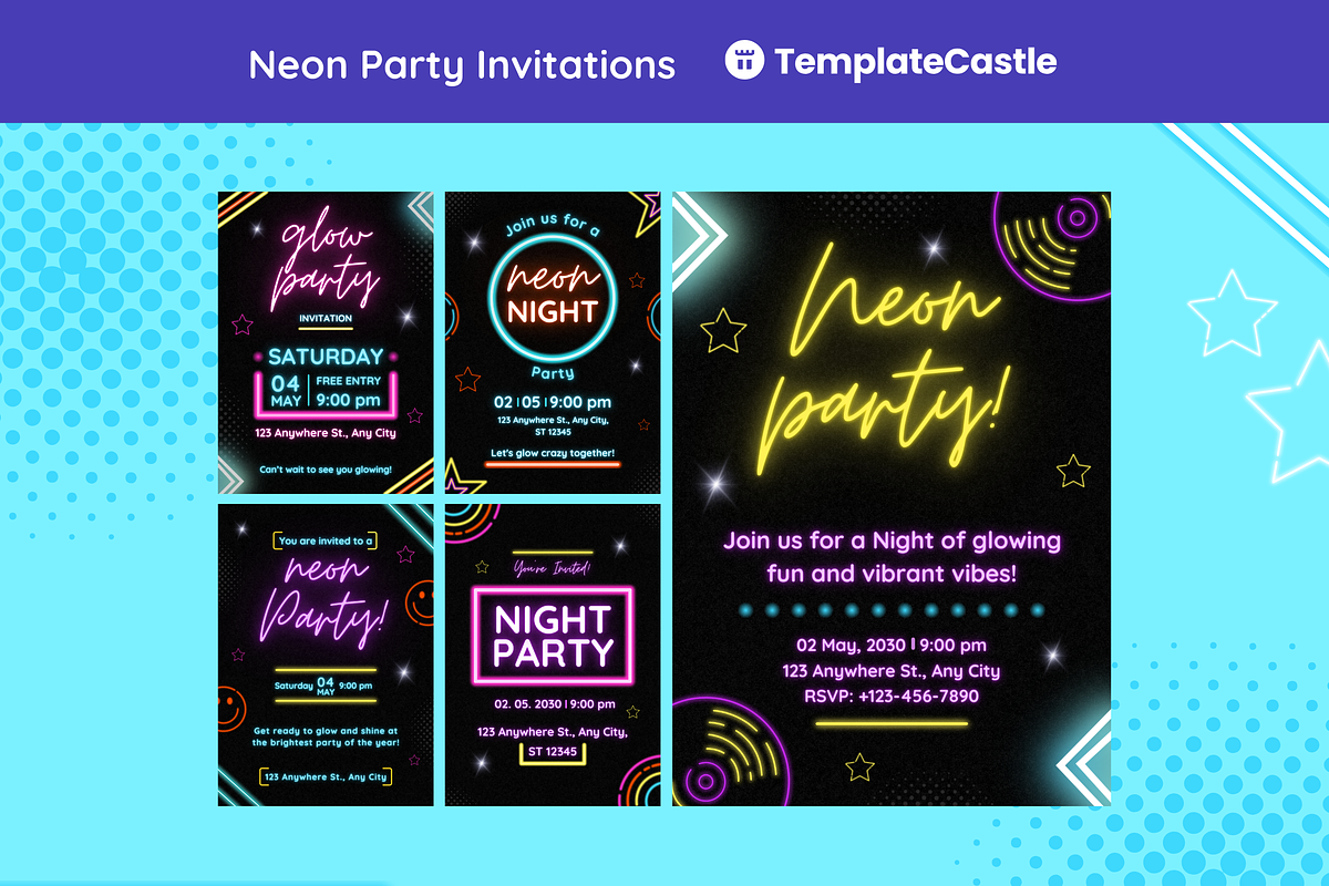 Neon Party Invitations Templates, a Templates & Theme by TemplateCastleStore (Photo 1 of 9)