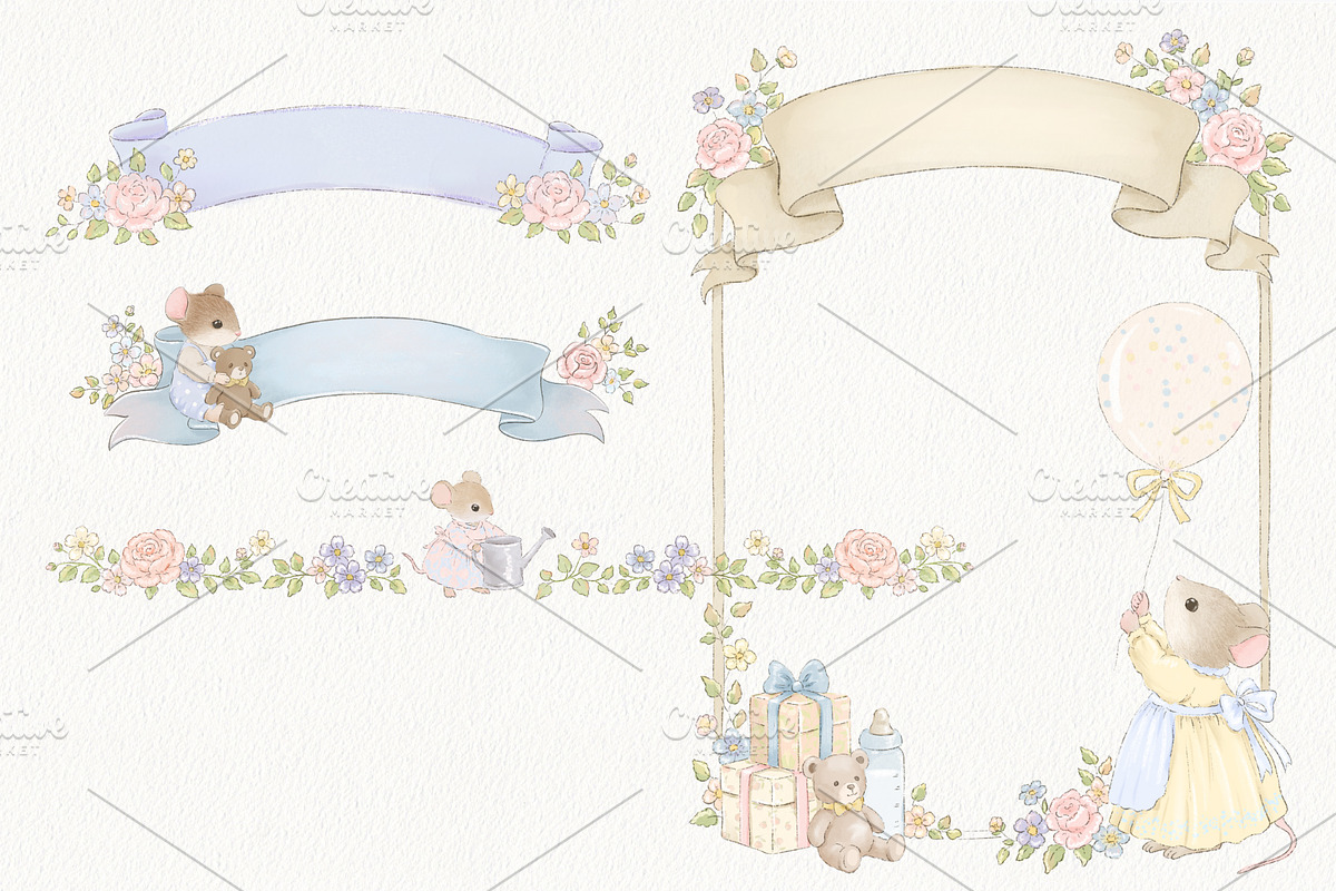 Whimsical Baby Shower Mice Set, an Animal Illustration by AlenaVlasko stock Market (Photo 8 of 9)