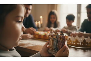 Child holding small statue of the, a Holiday Photo by Igor Tichonow
