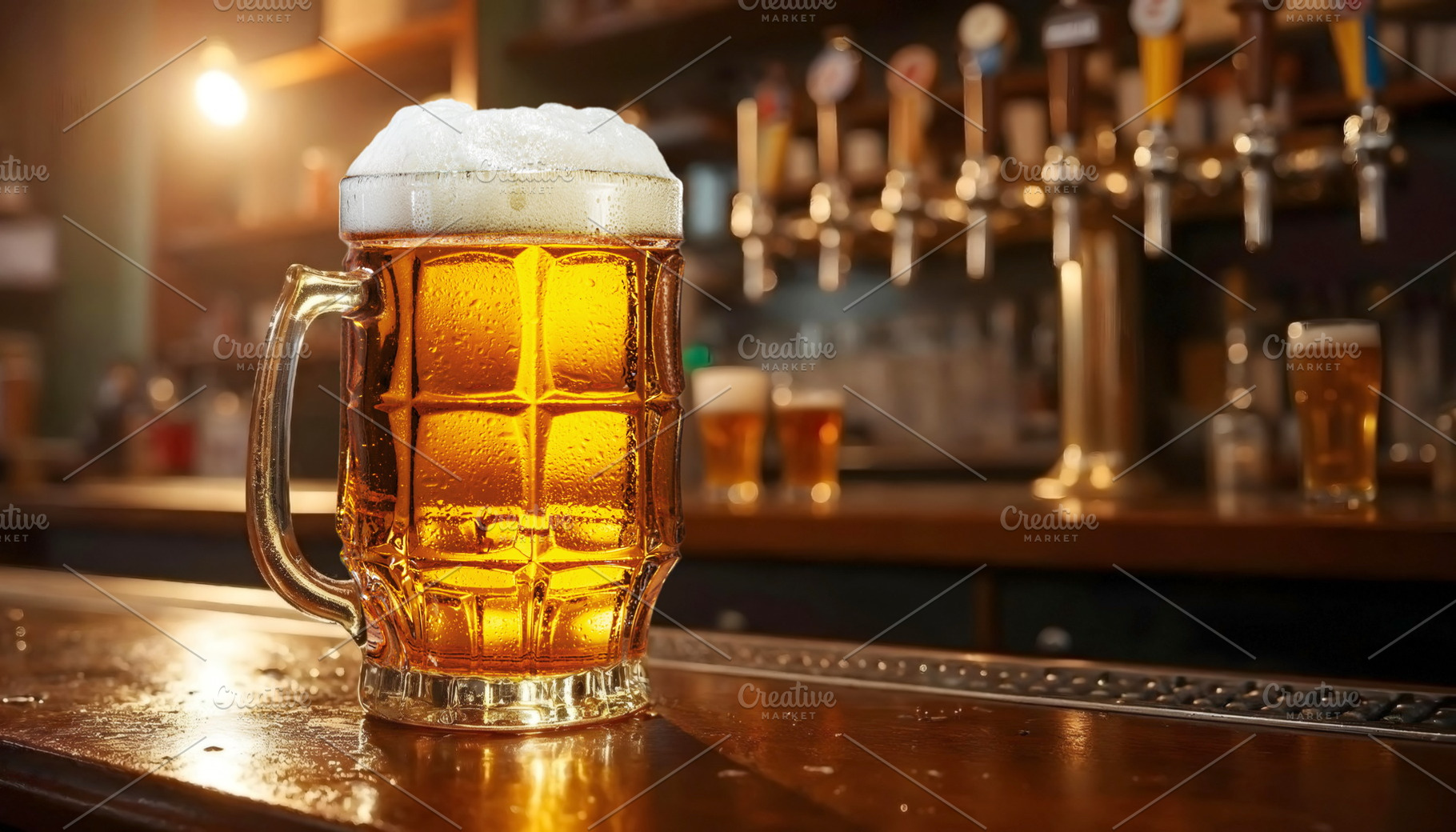 Glass of chilled beer on wooden bar, a Photo by Volff