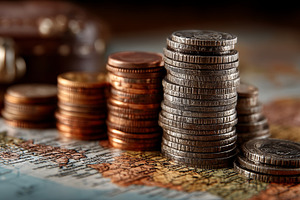 Stacks of coins on a world map symbolize budgeting, travel costs, and financial, a Photo by AS photostudio