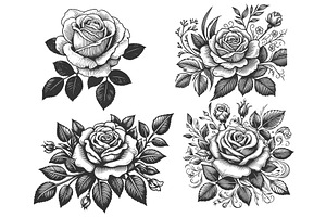 Rose Flower engraving set vector, an Object Illustration by AlexArt
