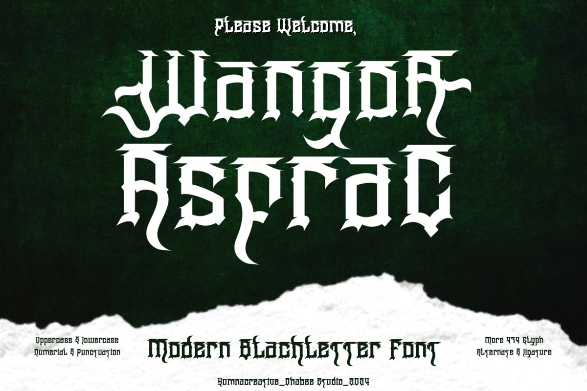 Wangor Asfrac - Modern Blackletter, a Blackletter Font by Dhabee (Photo 1 of 15)