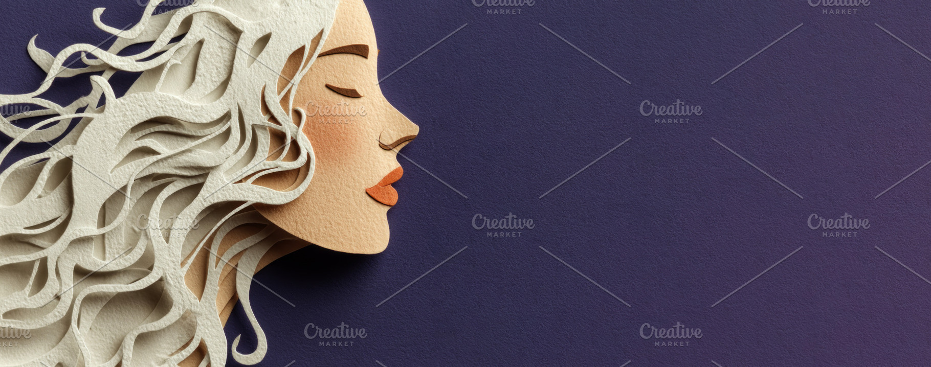 Paper cut style female profile with flowing white hair on purple, a Photo by José Manuel Gelpi