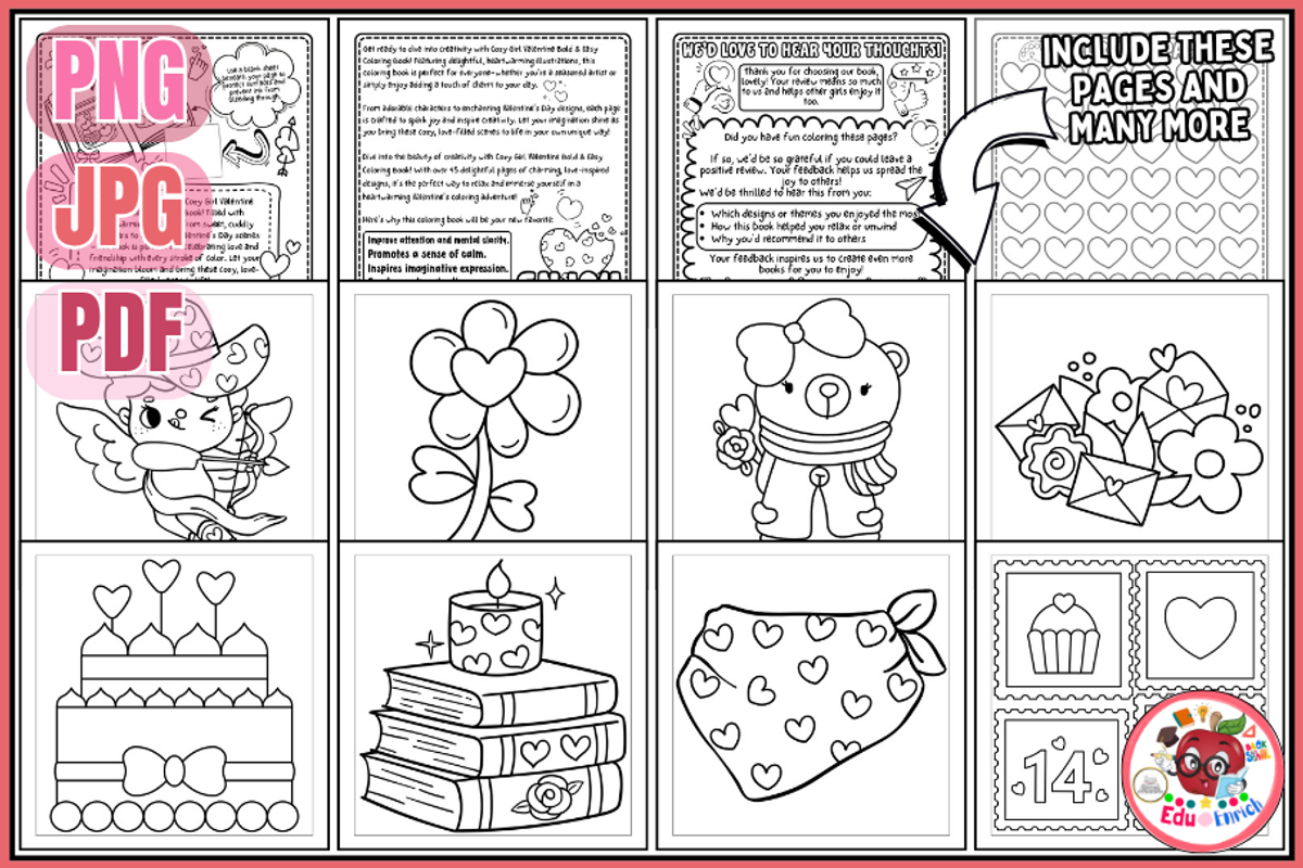 Cozy Girl Valentine Coloring Pages, a Seasonal Illustration by EduEnrich (Photo 2 of 3)