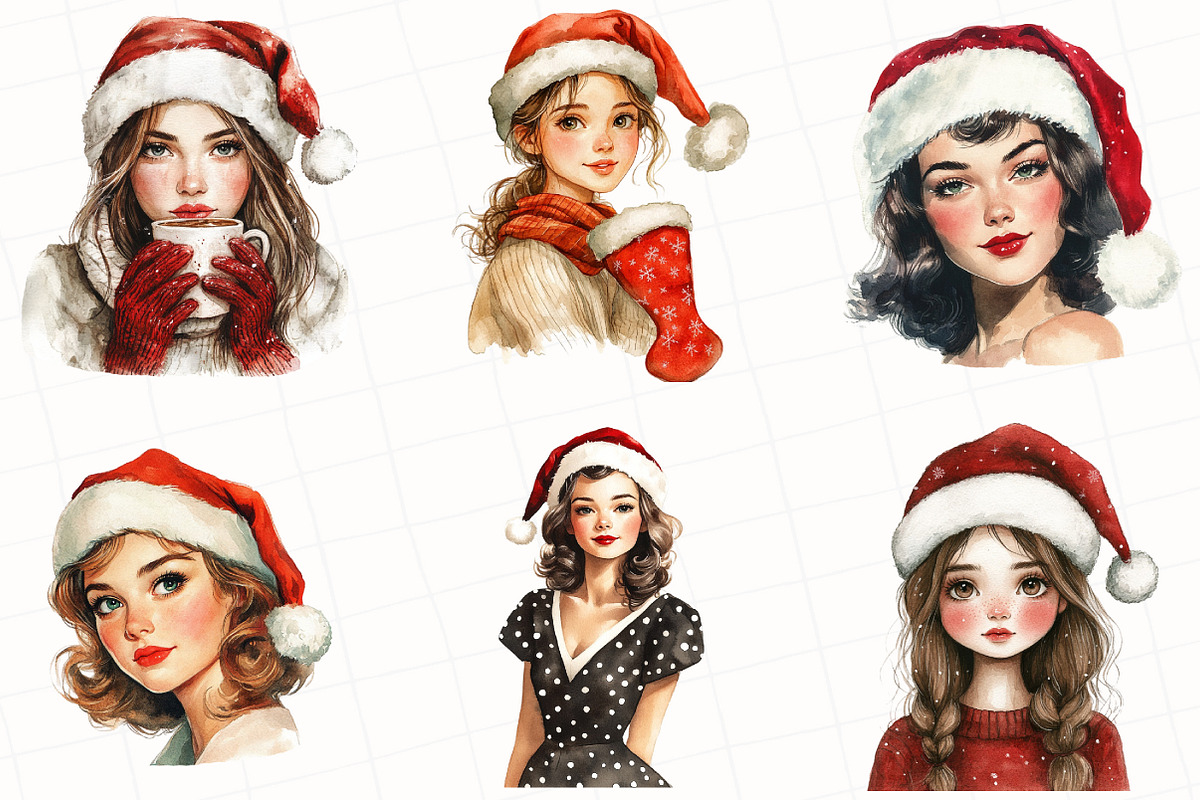Christmas Girls Watercolor Clipart, an Illustration by OK Design (Photo 3 of 5)