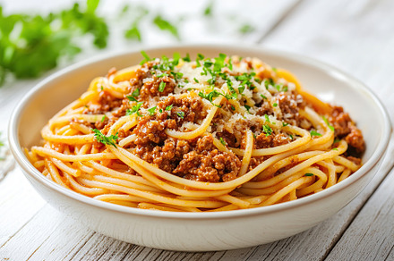 Spaghetti bolognese with ground beef in plate, a Food & Drink Photo by AlyaAnd
