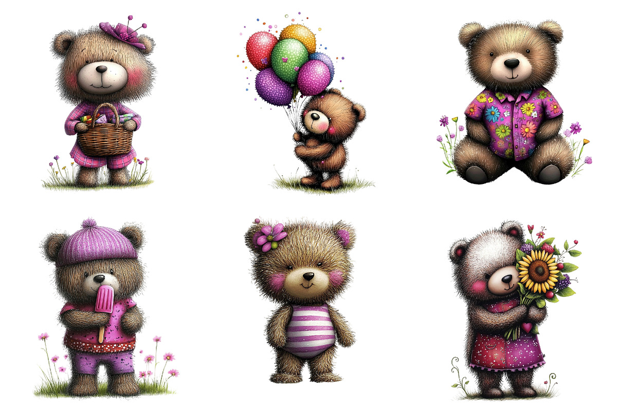Whimsical Summer Teddy Bear Clipart, an Illustration by designcity5 (Photo 2 of 5)