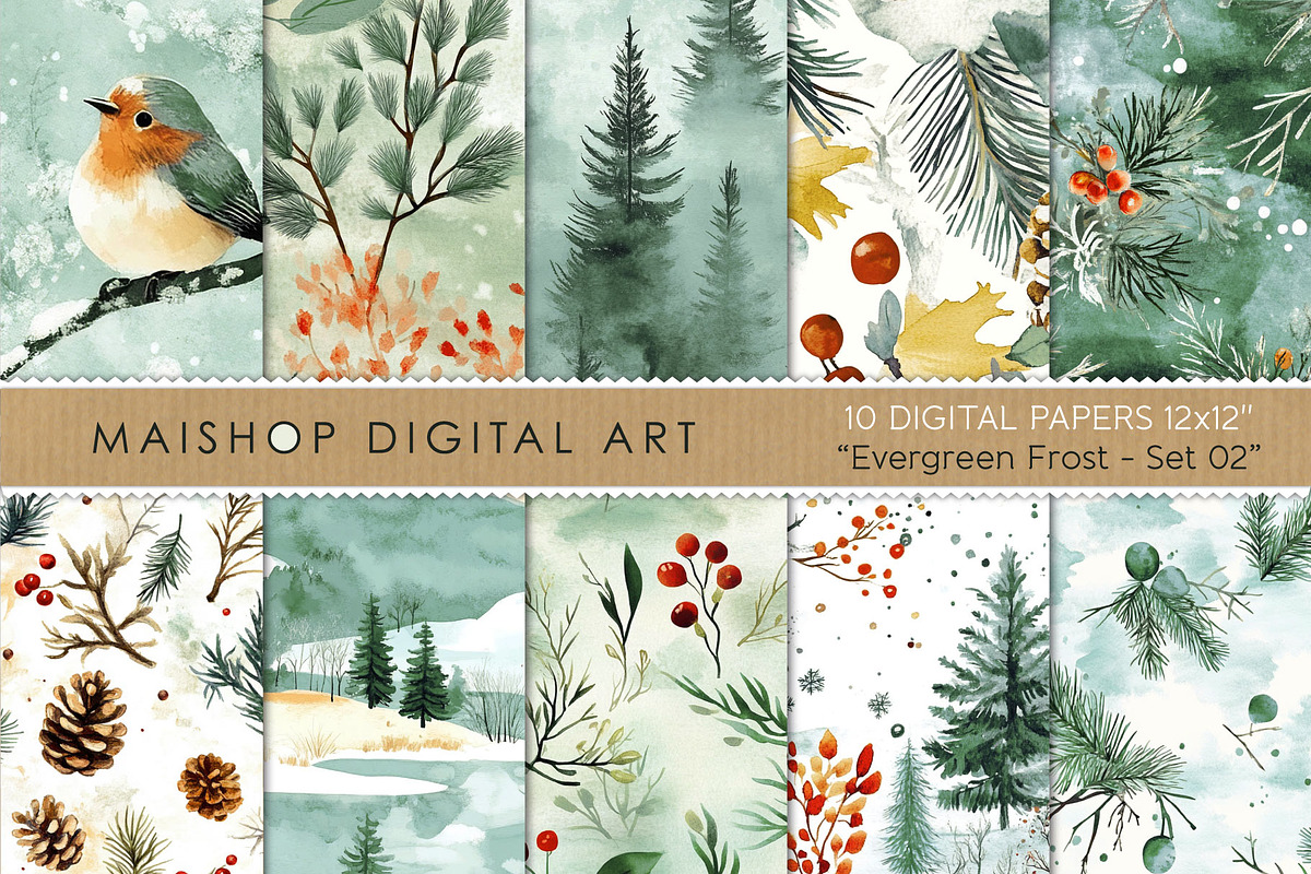 Evergreen Frost Digital Paper Set 02, a Pattern Graphic by Maishop (Photo 1 of 3)