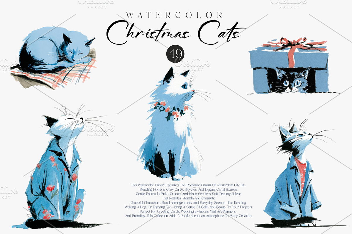 Christmas Cats Holiday Cats Set, an Illustration by CreationArt (Photo 5 of 7)