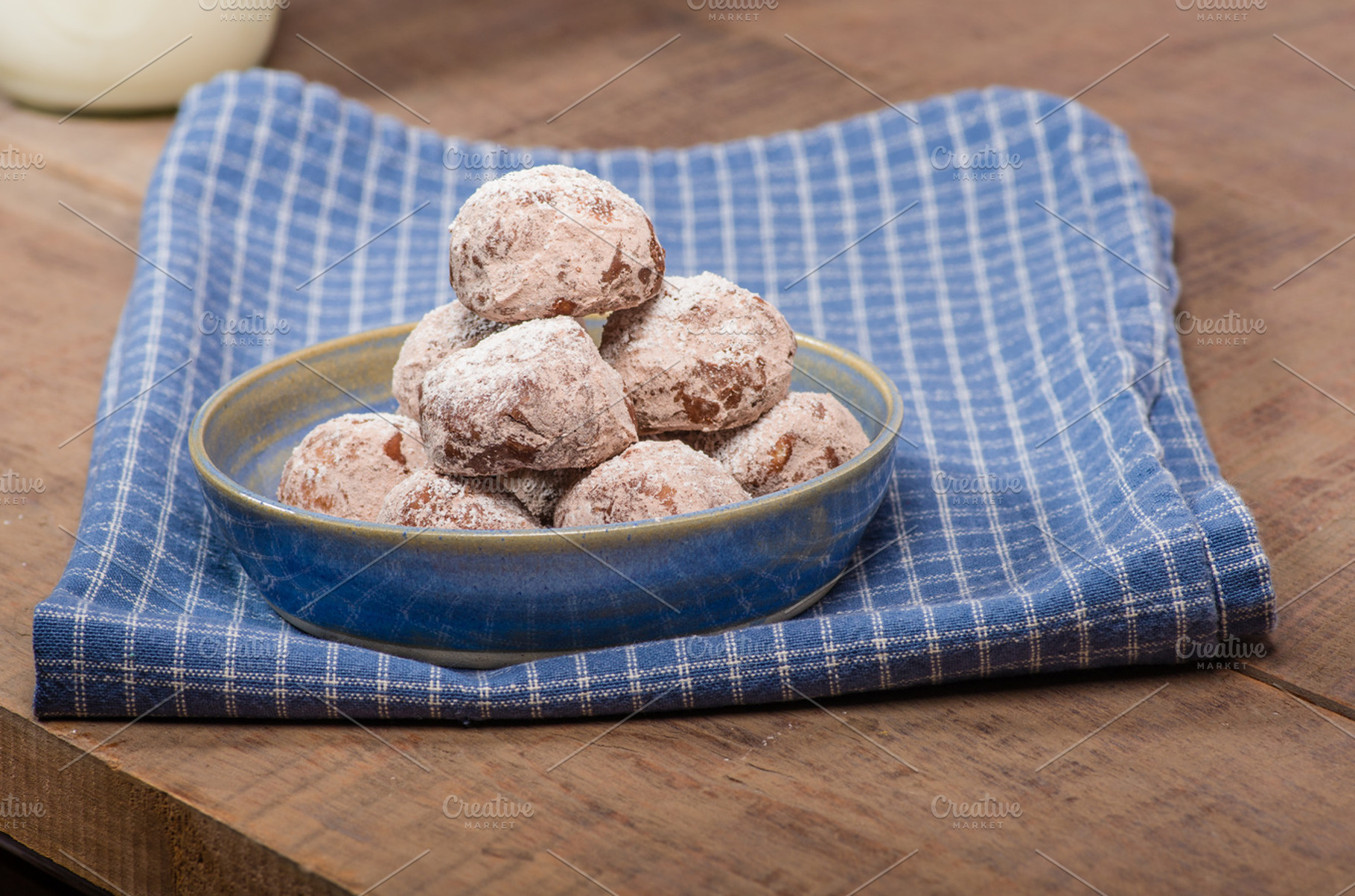 Rolled and sugared cookies with milk featuring food, baked, and baked goods, a Food & Drink Photo by Zigzag Mountain Art