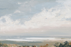 Coastal landscape painting featuring a cloudy sky over a distant, a Decorative Illustration by Studio ANNA