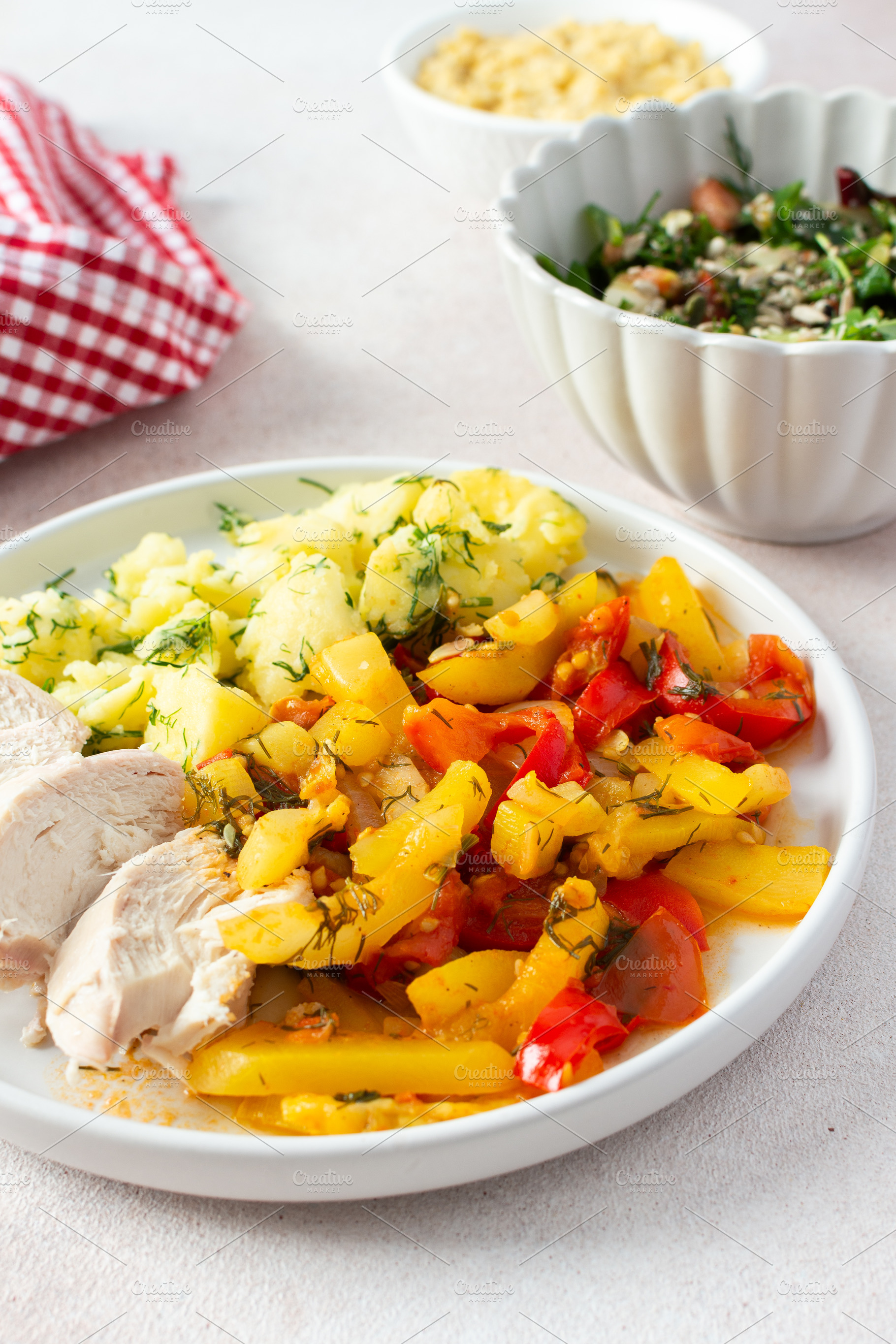 A balanced meal of boiled potatoes, a Food & Drink Photo by Pundateam