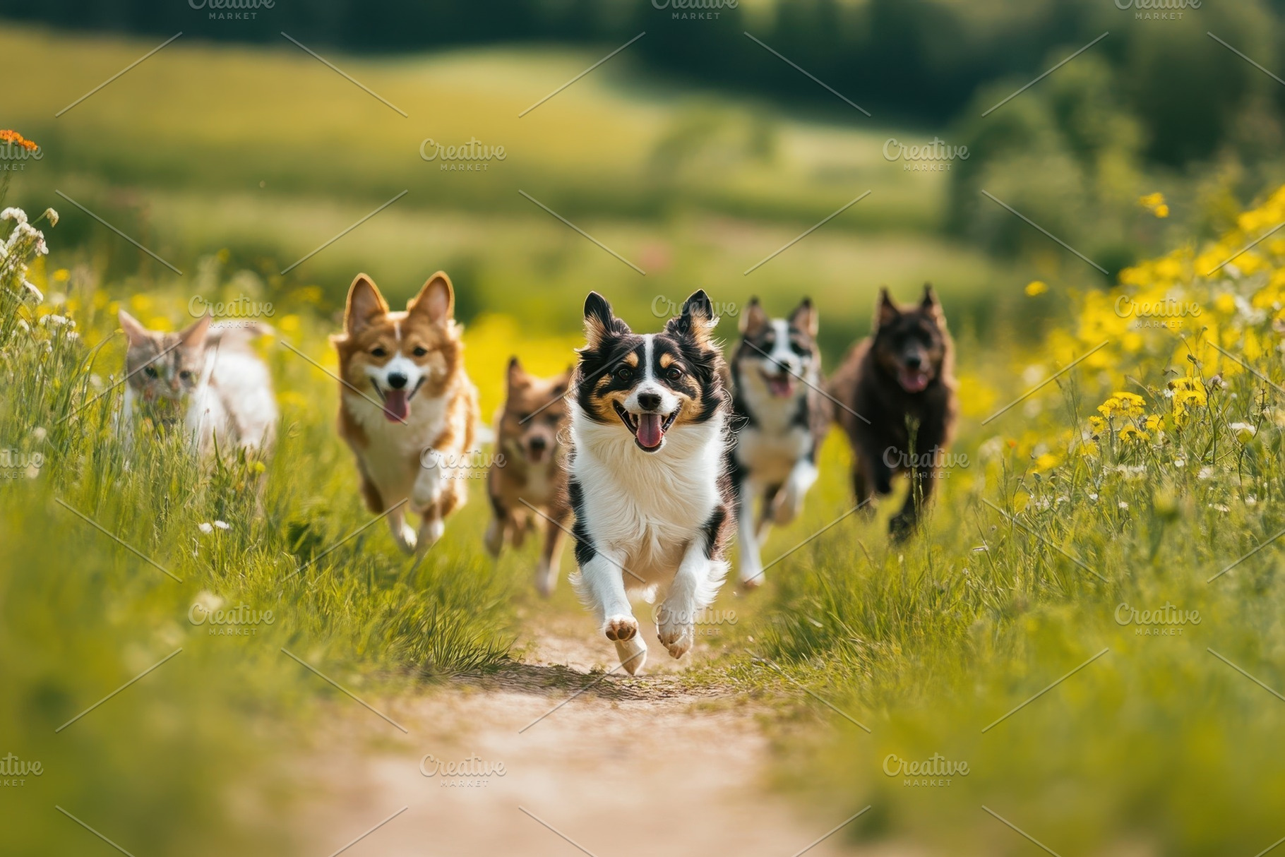 Dogs and cats play in valley, a Photo by Pavel_design